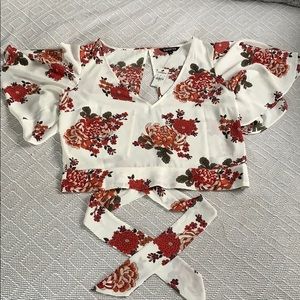 Express Large Floral Print Tie Back Cropped Blouse